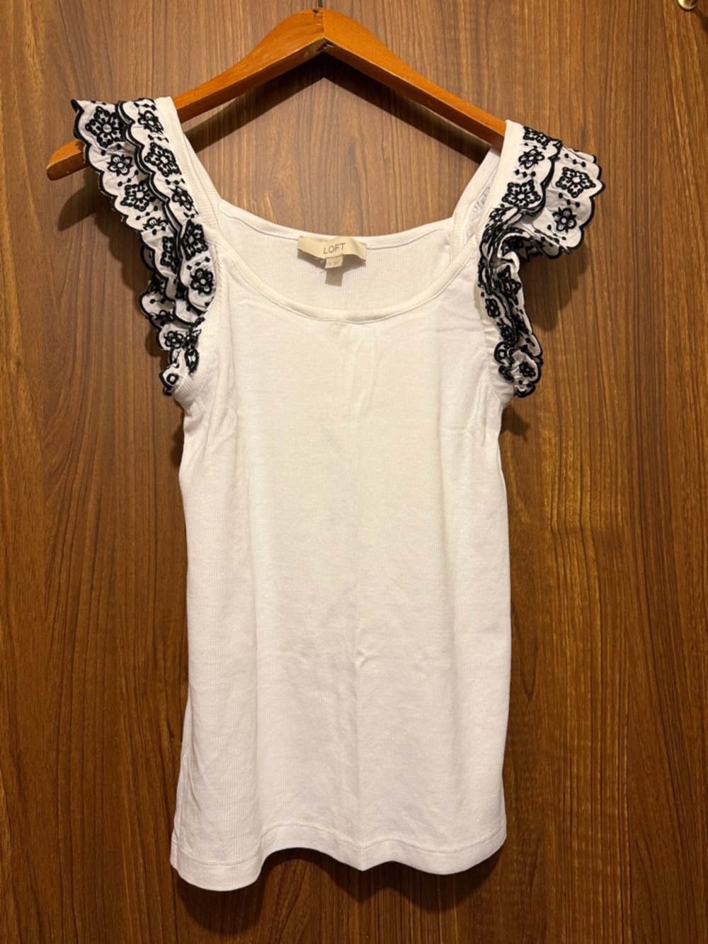 LOFT White Tank Top with Black Embroidered Ruffle Sleeves